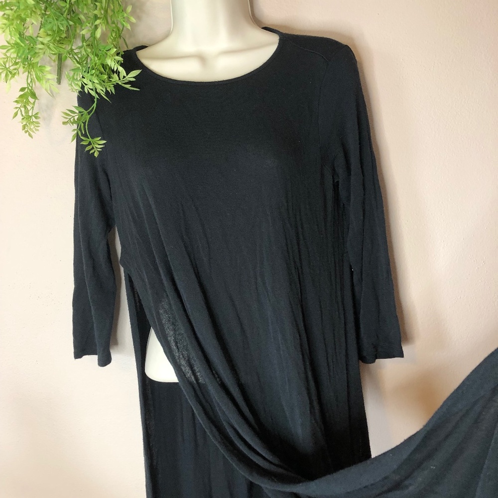 Boho Black Flowy Tunic Long Side Slits Classic Flowy Semi-Sheer